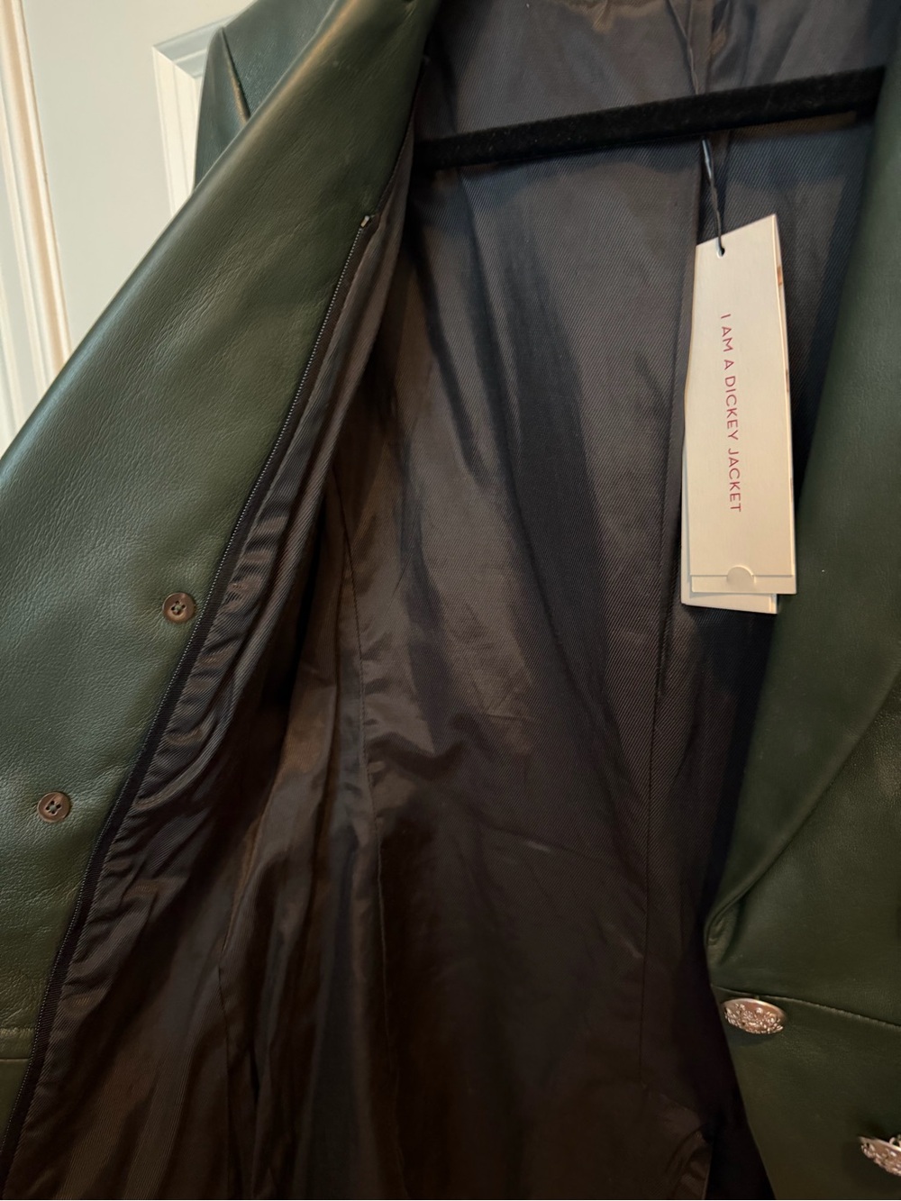 Double-Breasted Dark Green Leather Blazer - Picture 6 of 8